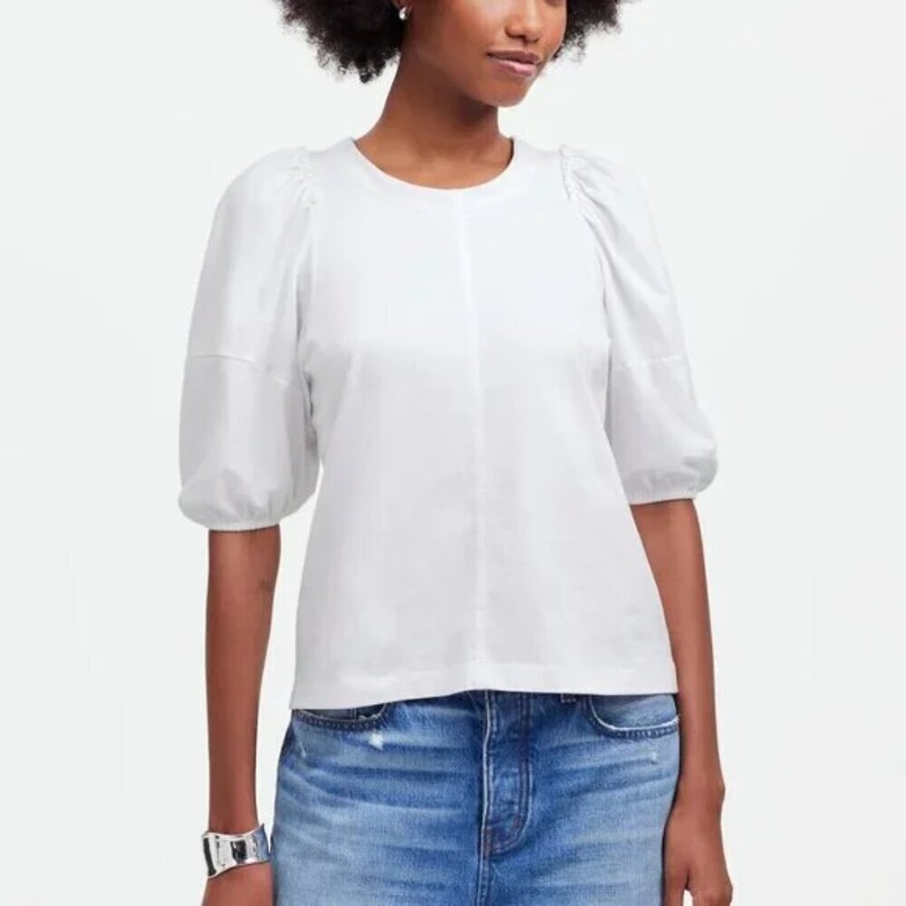 Madewell Puff-Sleeve Ruffle Trim Cotton Jersey Tee White Size XXS